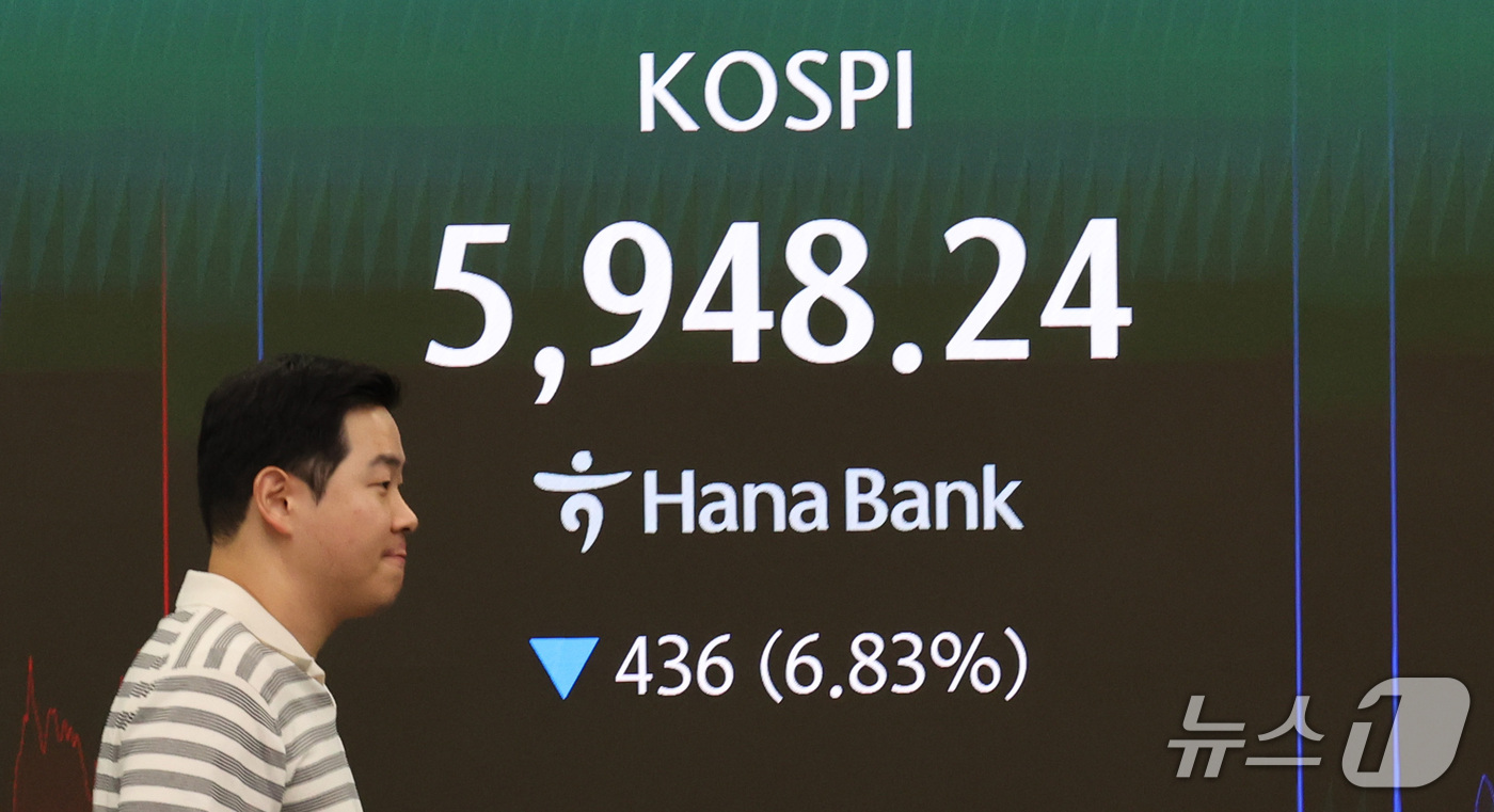 (서울=뉴스1) 박지혜 기자 = 코스피가 장중 6% 넘게 급락하며 6000선이 무너진 13일 서울 중구 하나은행 딜링룸 전광판에 코스피 지수가 표시되고 있다. 2026.10.13/ …