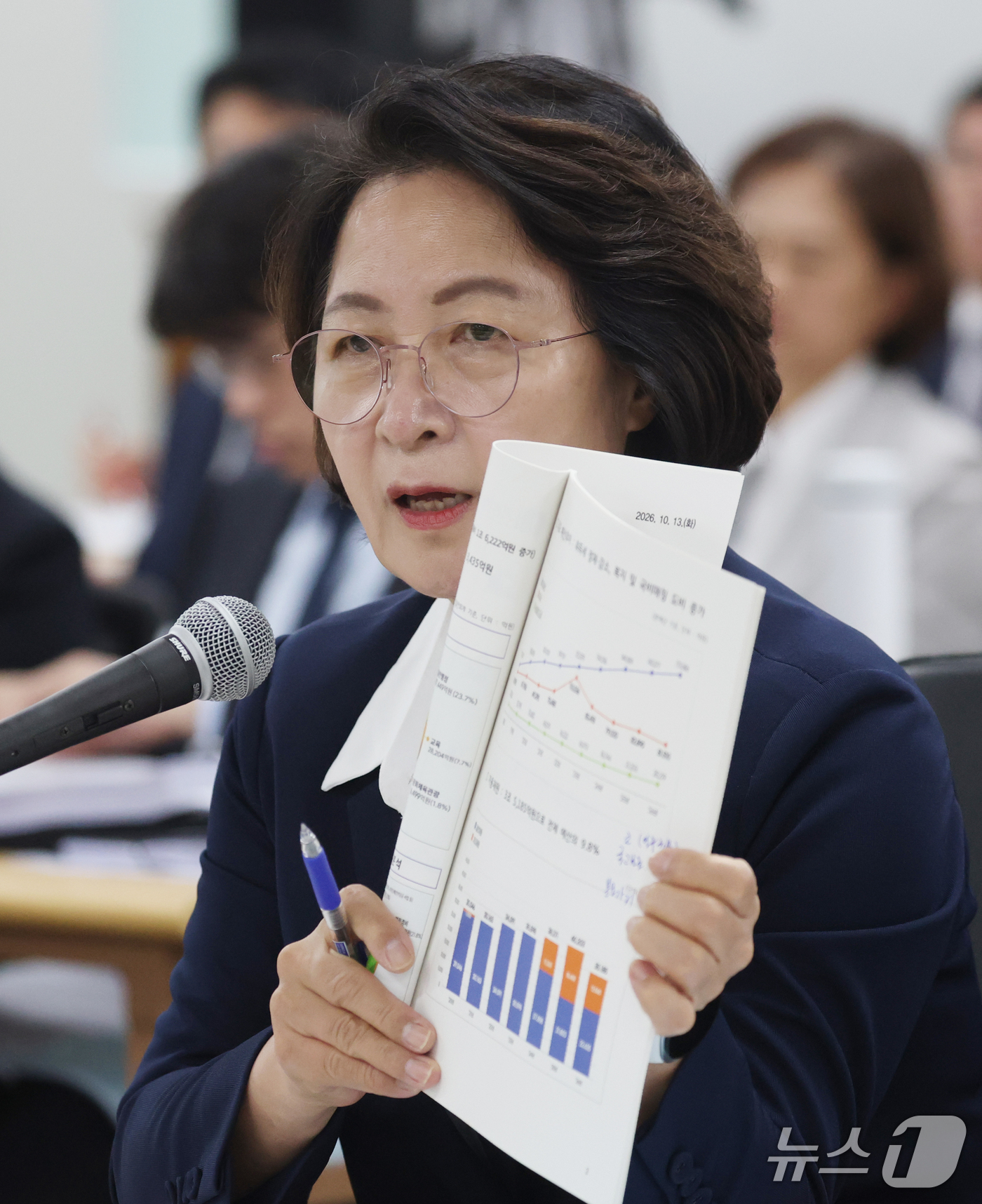 (수원=뉴스1) 김영운 기자 = 추미애 경기도지사가 13일 경기 수원시 영통구 경기도청에서 열린 국회 행정안전위원회의 경기도에 대한 국정감사에서 의원 질의에 답하고 있다. 2026 …