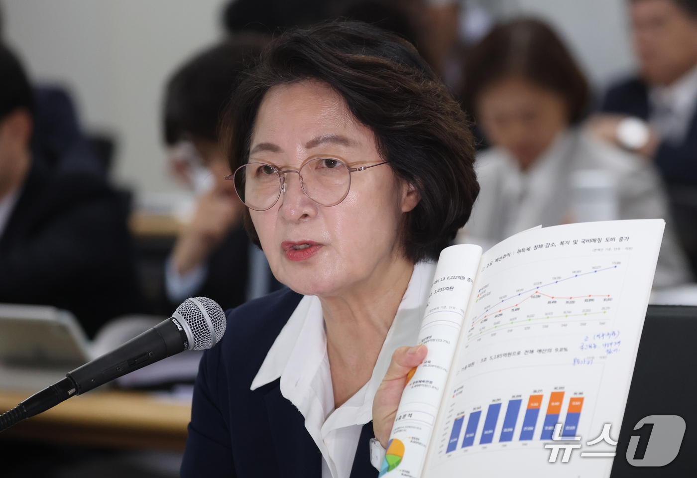 (수원=뉴스1) 김영운 기자 = 추미애 경기도지사가 13일 경기 수원시 영통구 경기도청에서 열린 국회 행정안전위원회의 경기도에 대한 국정감사에서 의원 질의에 답하고 있다. 2026 …