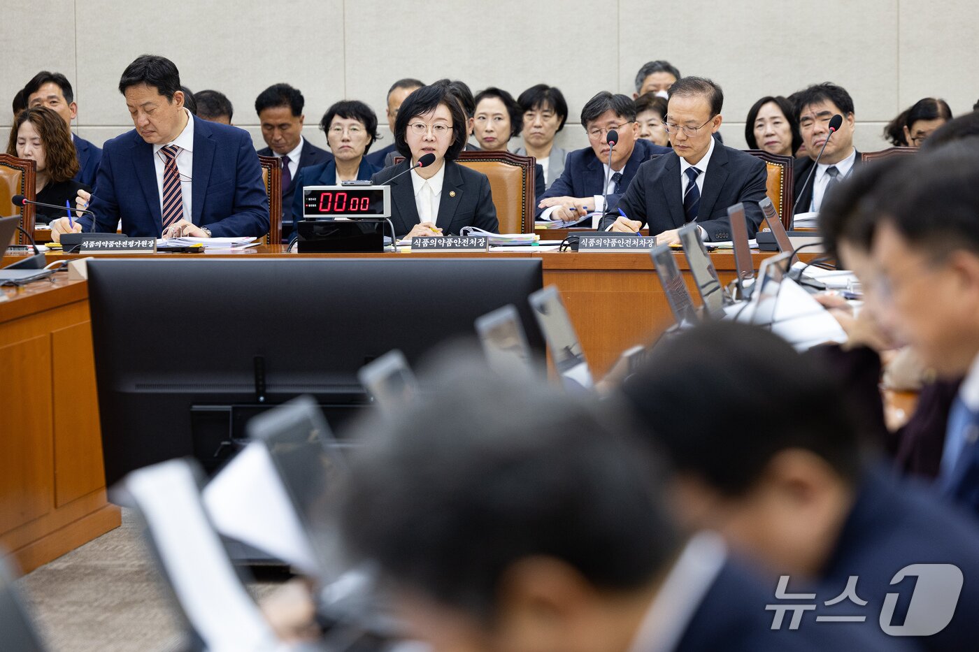 본문 이미지 - 오유경 식품의약품안전처장이 13일 서울 여의도 국회에서 열린 보건복지위원회의 식품의약품안전처 등에 대한 국정감사에 출석해 의원 질의에 답하고 있다. 2026.10.13 ⓒ 뉴스1 유승관 기자