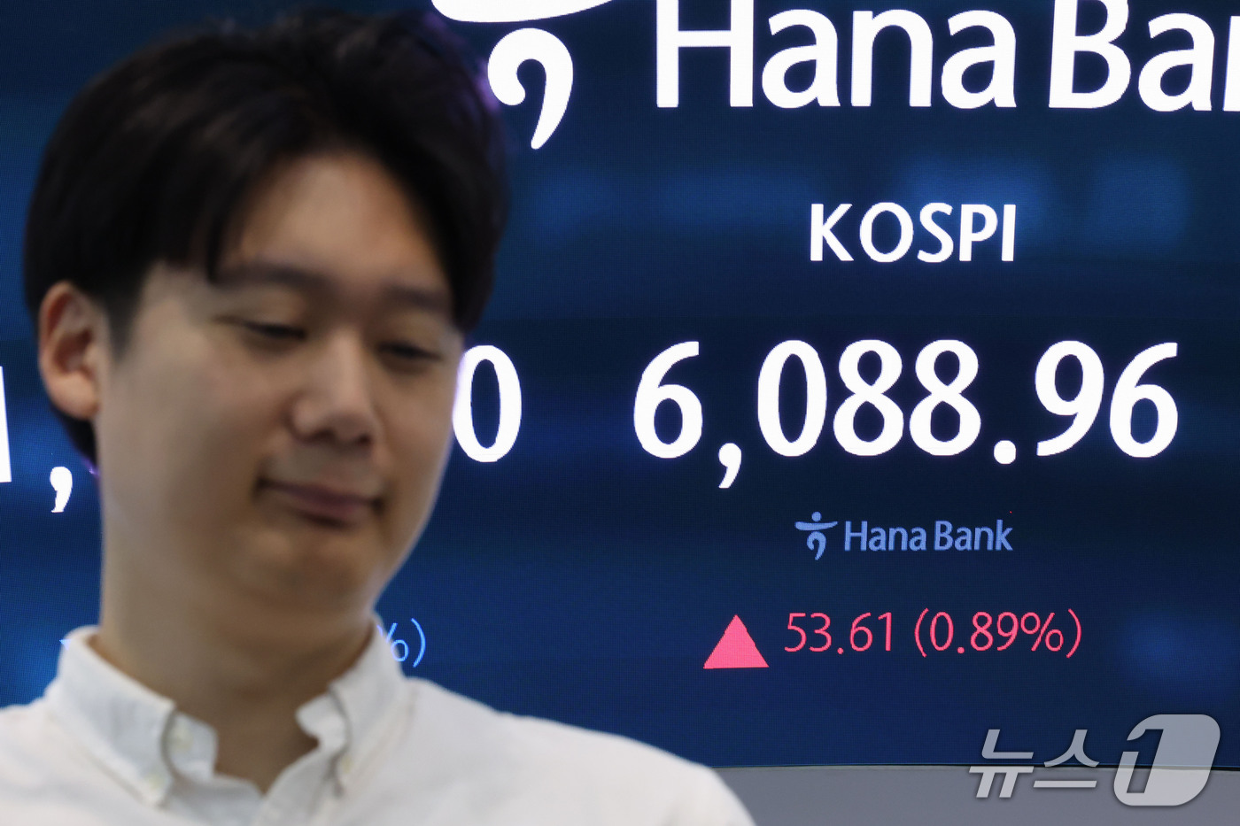 (서울=뉴스1) 이광호 기자 = 5거래일 연속 하락을 기록했던 코스피가 장 초반 상승세를 보인 14일 오전 서울 중구 하나은행 본점 딜링룸 현황판에 전장대비 53.61포인트(0.8 …