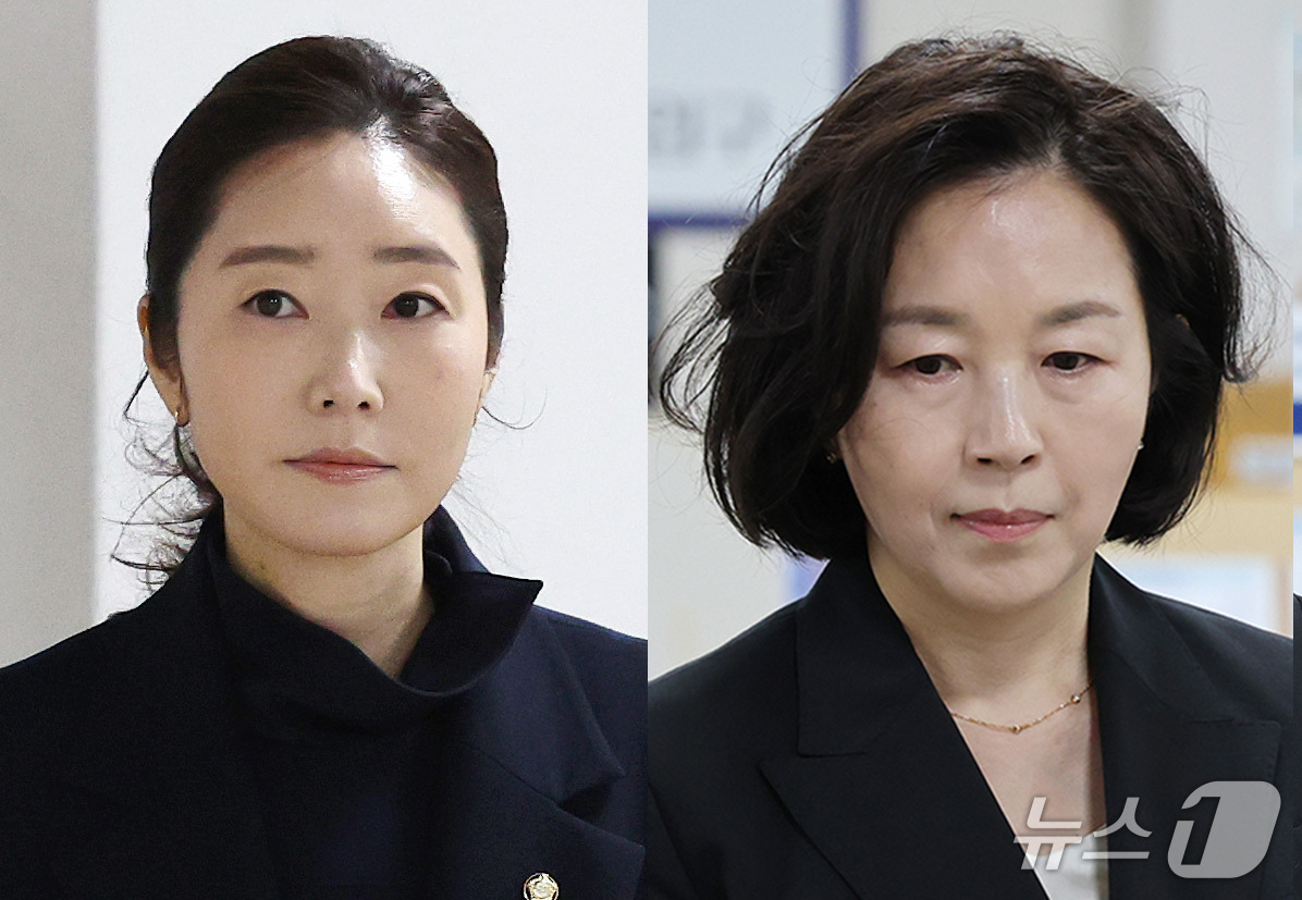 (서울=뉴스1) 박세연 기자 = 공천헌금 명목으로 1억 원을 주고받은 혐의를 받는 강선우 무소속 의원(왼쪽)과 김경 전 서울시의원이 14일 오후 서초구 서울중앙지방법원에서 열린 1 …