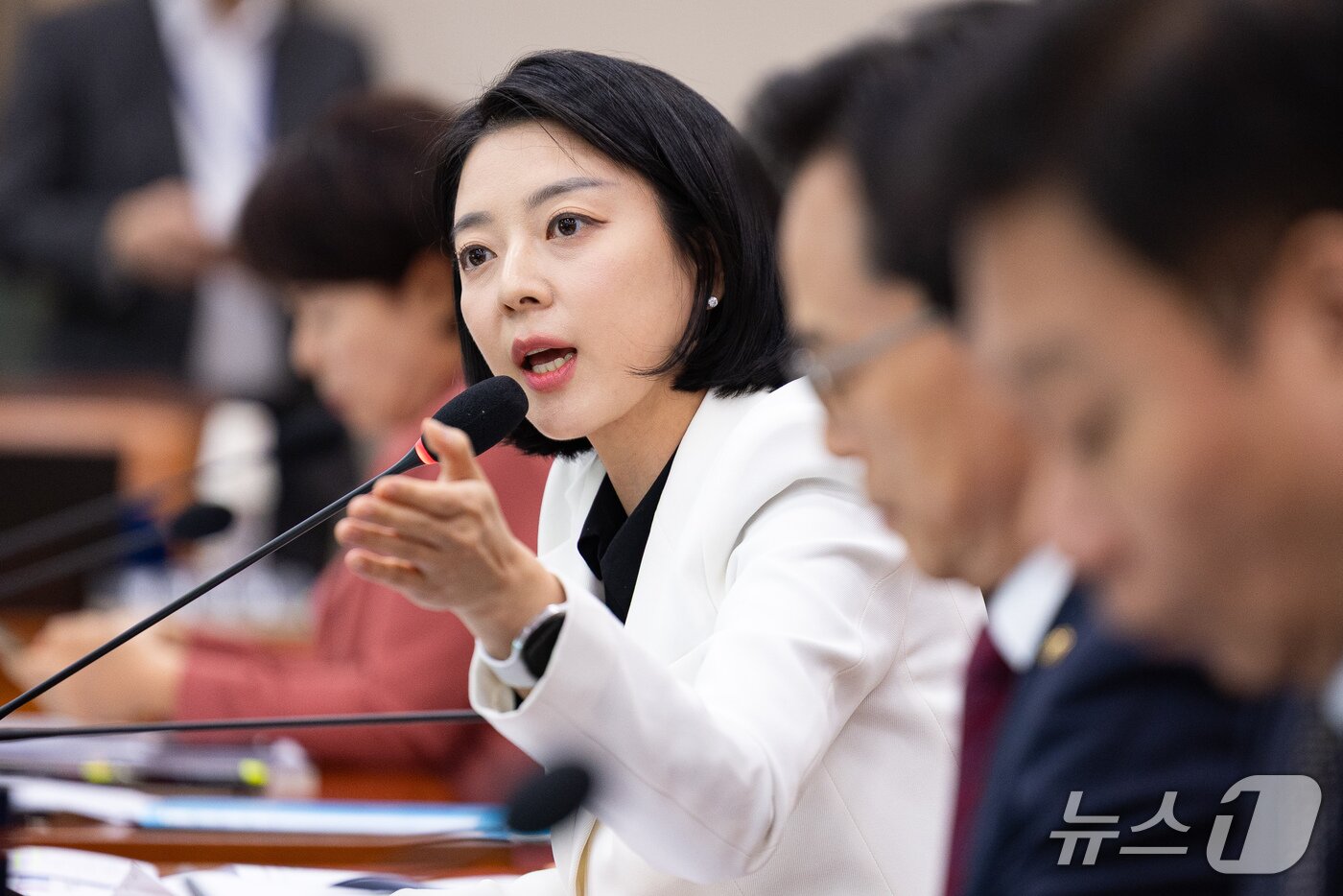 본문 이미지 - 배현진 국민의힘 의원이 14일 서울 여의도 국회에서 열린 문화체육관광위원회의 사행산업통합감독위원회 등에 대한 국정감사에서 황교익 한국문화관광연구원장에게 질의하고 있다. 2026.10.14 ⓒ 뉴스1 유승관 기자