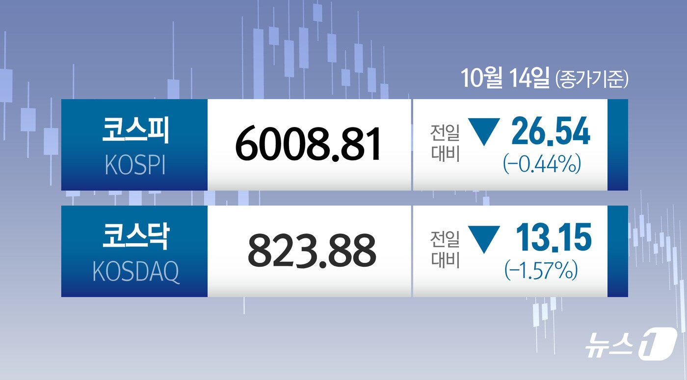 본문 이미지 - 14일 코스피는 전일 종가와 비교해 26.54포인트(p)(0.44%) 내린 6008.81로 거래를 마쳤다. ⓒ 뉴스1 양혜림 디자이너