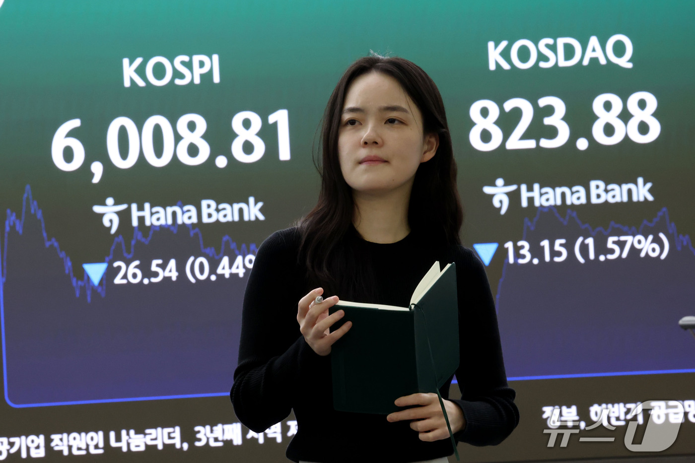 (서울=뉴스1) 이광호 기자 = 코스피가 6거래일 연속 하락 마감한 14일 오후 서울 중구 하나은행 본점 딜링룸 현황판에 전장대비 26.54포인트(0.44%) 하락한 6,008.8 …