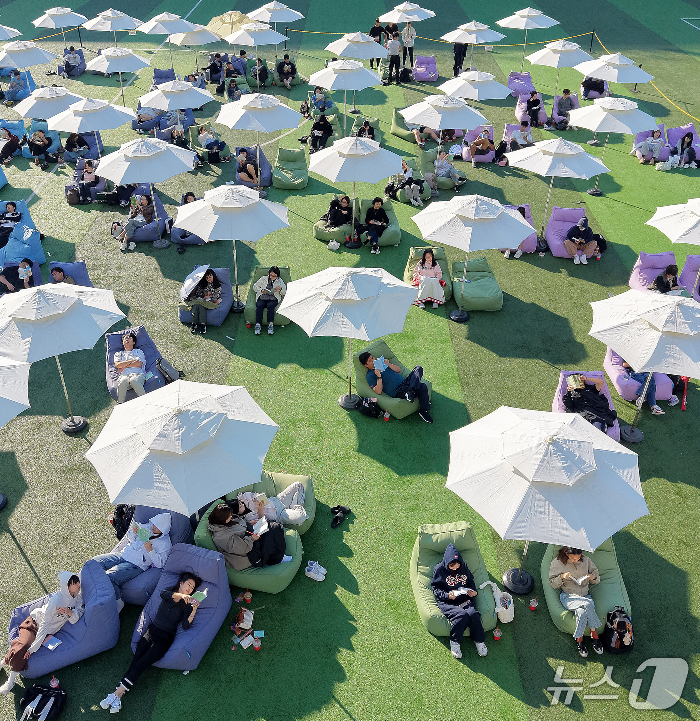 (부산=뉴스1) 윤일지 기자 = 14일 오후 부산 부산진구 동의과학대학교 인조잔디 운동장에서 열린 'Fall in Books' 야외도서관 행사에 참가한 학생들이 독서를 하고 있다. …