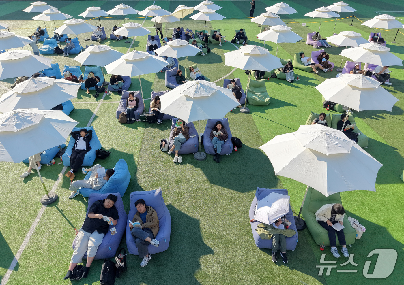 (부산=뉴스1) 윤일지 기자 = 14일 오후 부산 부산진구 동의과학대학교 인조잔디 운동장에서 열린 'Fall in Books' 야외도서관 행사에 참가한 학생들이 독서를 하고 있다. …