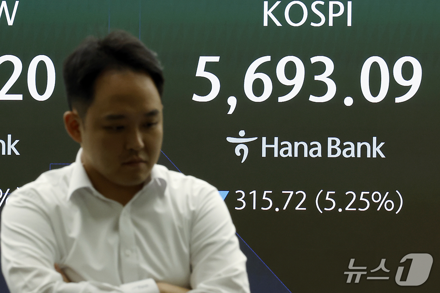 (서울=뉴스1) 박정호 기자 = 15일 오전 서울 중구 하나은행 본점 딜링룸 전광판에 코스피 등 시황이 표시되고 있다.이날 코스피는 전 거래일 대비 335.80p(5.59%) 내린 …