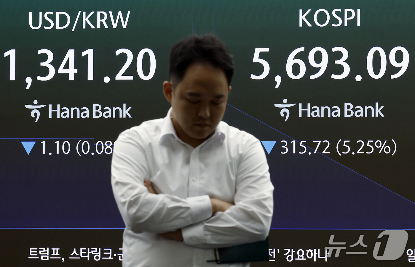 (서울=뉴스1) 박정호 기자 = 15일 오전 서울 중구 하나은행 본점 딜링룸 전광판에 코스피 등 시황이 표시되고 있다.이날 코스피는 전 거래일 대비 335.80p(5.59%) 내린 …