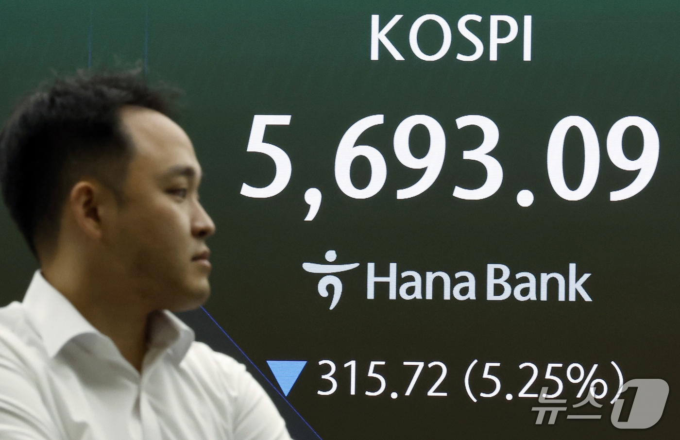 (서울=뉴스1) 박정호 기자 = 15일 오전 서울 중구 하나은행 본점 딜링룸 전광판에 코스피 등 시황이 표시되고 있다.이날 코스피는 전 거래일 대비 335.80포인트(5.59%) …