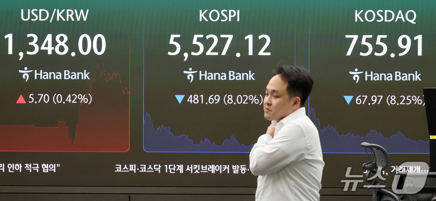 (서울=뉴스1) 박세연 기자 = 코스피와 코스닥에 서킷브레이커가 발동된 15일 오후 서울 중구 하나은행 본점 딜링룸 전광판에 코스피 등 시황이 표시되고 있다. 2026.10.15/ …