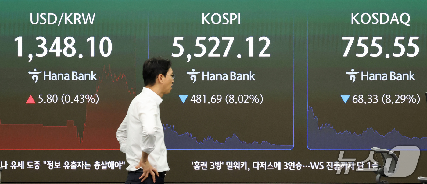 (서울=뉴스1) 박세연 기자 = 코스피와 코스닥에 서킷브레이커가 발동된 15일 오후 서울 중구 하나은행 본점 딜링룸 전광판에 코스피 시황이 표시되고 있다. 2026.10.15/뉴스 …