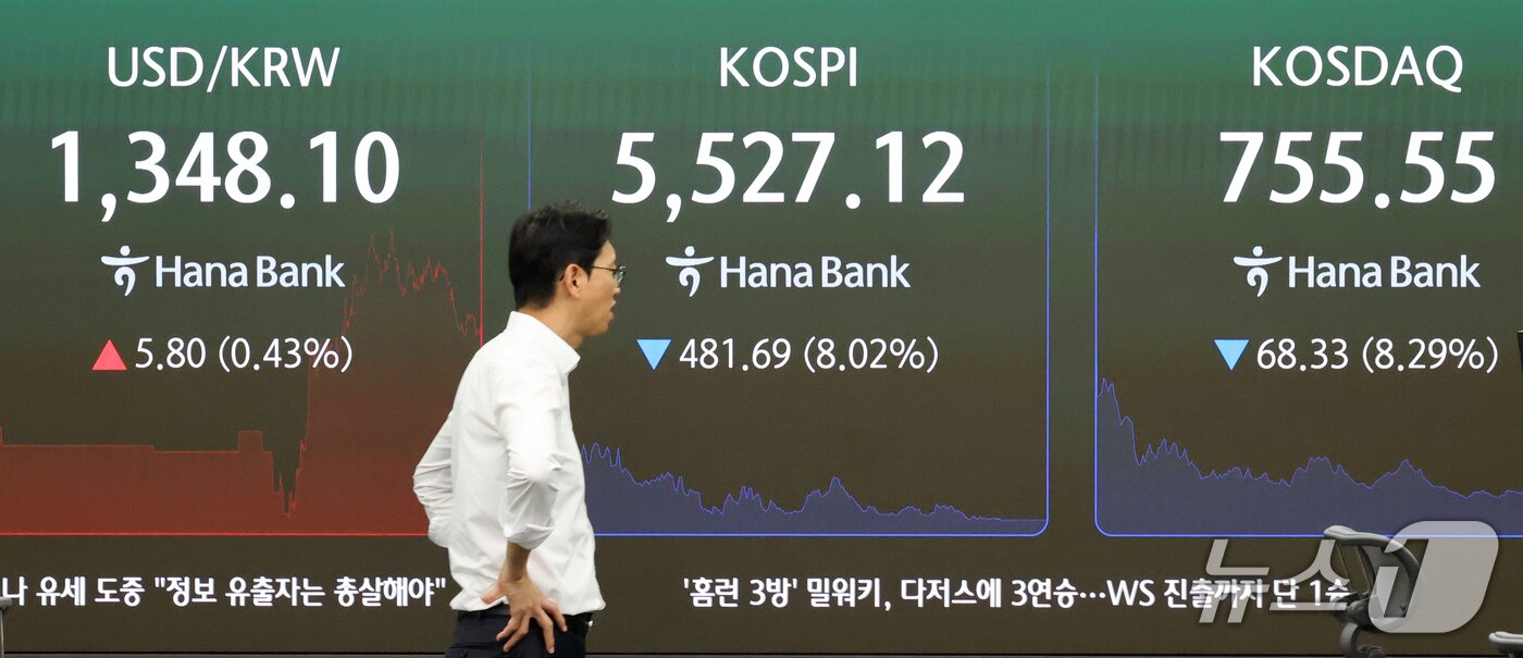 본문 이미지 - 코스피와 코스닥에 서킷브레이커가 발동된 15일 오후 서울 중구 하나은행 본점 딜링룸 전광판에 코스피 시황이 표시되고 있다. 2026.10.15 ⓒ 뉴스1 박세연 기자