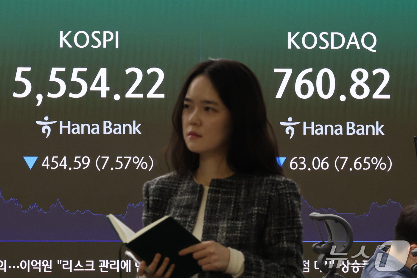 본문 이미지 - 코스피와 코스닥에 서킷브레이커가 발동된 15일 오후 서울 중구 하나은행 본점 딜링룸 전광판에 코스피 시황이 표시되고 있다.  2026.10.15 ⓒ 뉴스1 박세연 기자