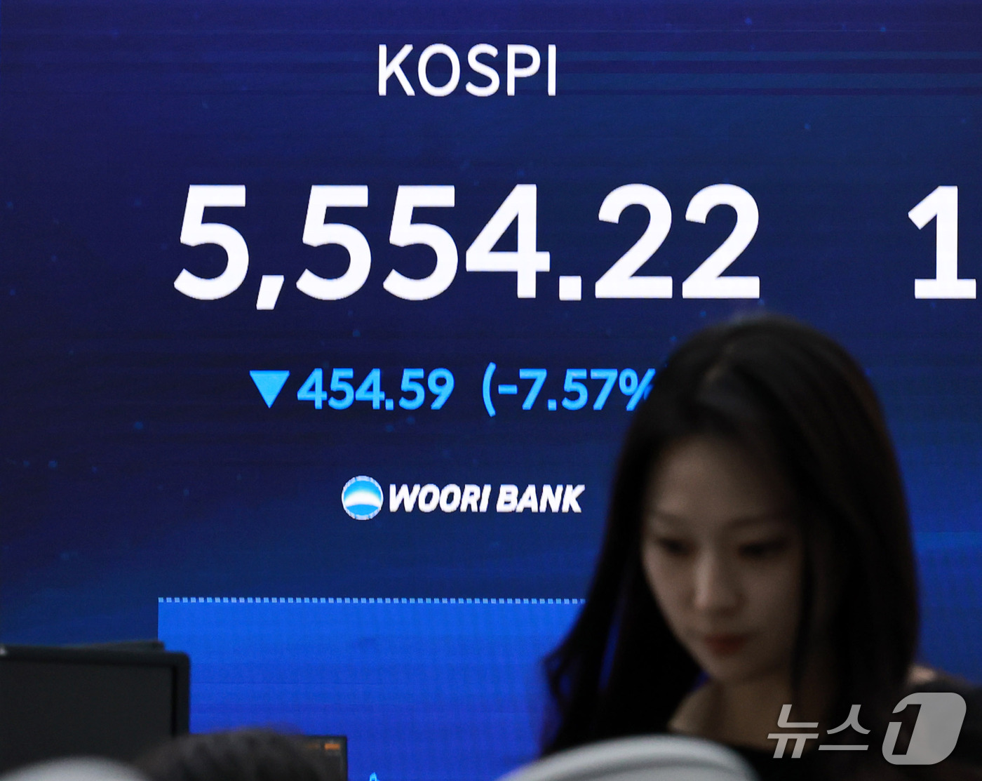 (서울=뉴스1) 구윤성 기자 = 코스피와 코스닥 지수가 장중 8%가 넘는 낙폭을 기록하며 양 시장에 연달아 서킷브레이커가 발동한 15일 서울 중구 우리은행 본점 딜링룸 전광판에 코 …