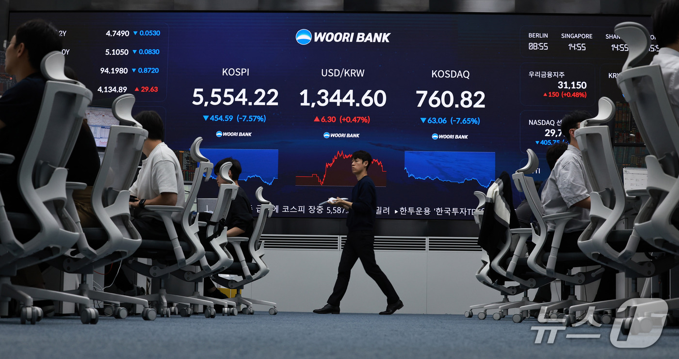 (서울=뉴스1) 구윤성 기자 = 코스피와 코스닥 지수가 장중 8%가 넘는 낙폭을 기록하며 양 시장에 연달아 서킷브레이커가 발동한 15일 서울 중구 우리은행 본점 딜링룸 전광판에 코 …