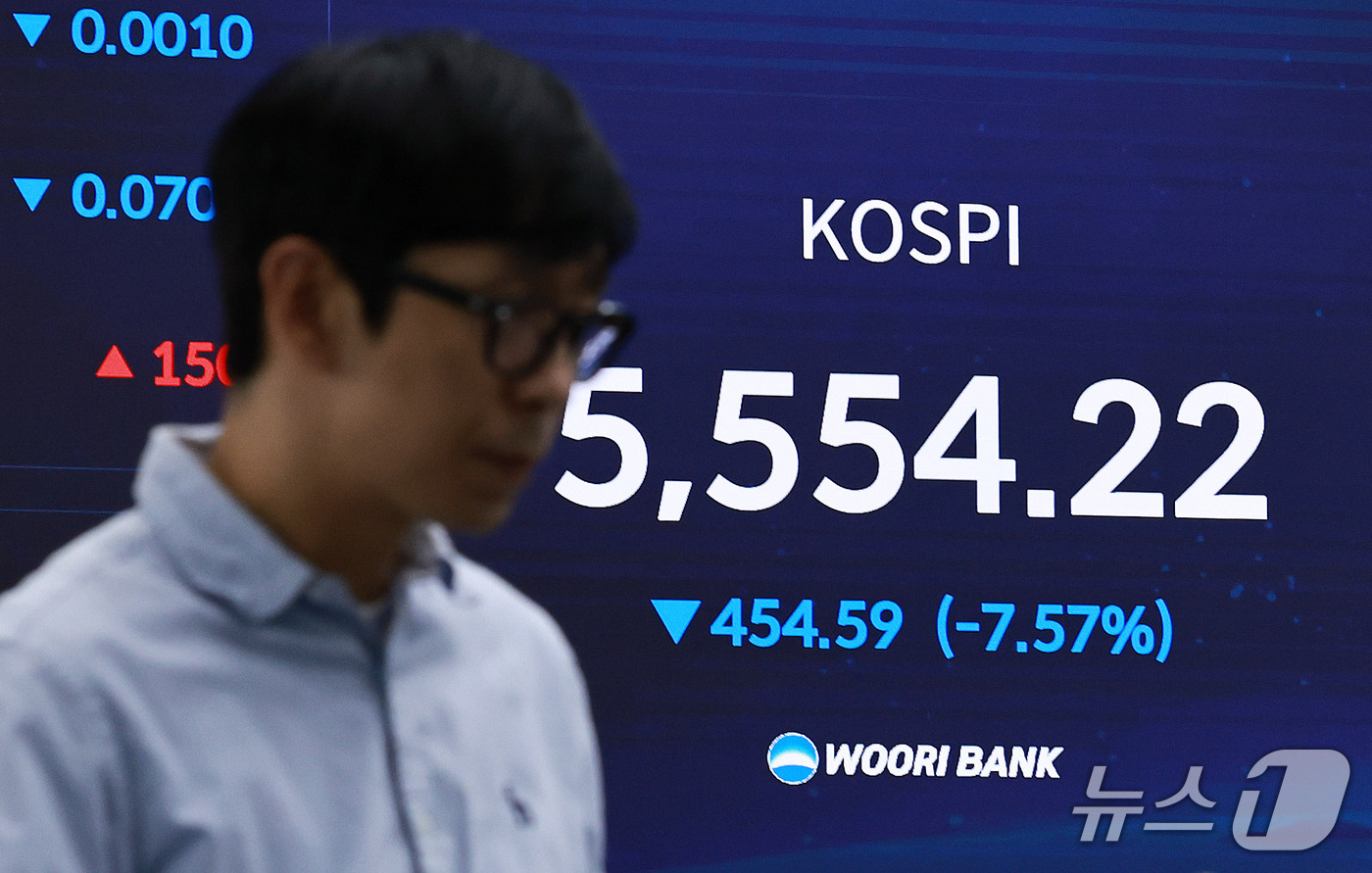 (서울=뉴스1) 구윤성 기자 = 코스피와 코스닥 지수가 장중 8%가 넘는 낙폭을 기록하며 양 시장에 연달아 서킷브레이커가 발동한 15일 서울 중구 우리은행 본점 딜링룸 전광판에 코 …