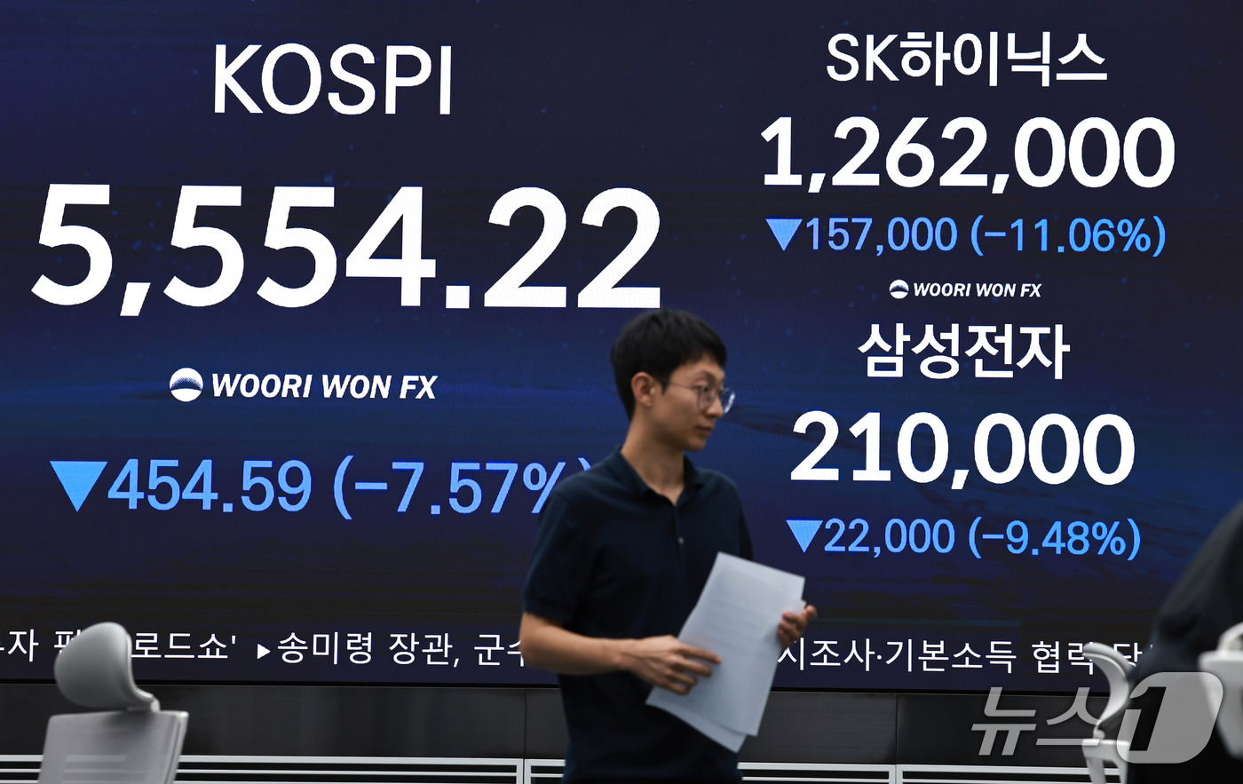 (서울=뉴스1) 구윤성 기자 = 코스피와 코스닥 지수가 장중 8%가 넘는 낙폭을 기록하며 양 시장에 연달아 서킷브레이커가 발동한 15일 서울 중구 우리은행 본점 딜링룸 전광판에 코 …