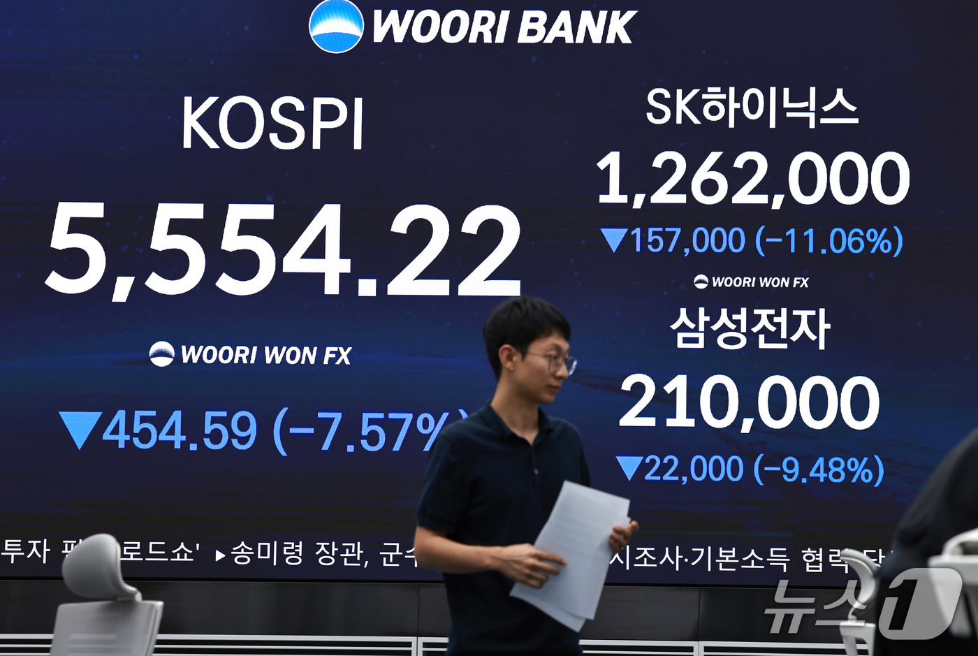(서울=뉴스1) 구윤성 기자 = 코스피와 코스닥 지수가 장중 8%가 넘는 낙폭을 기록하며 양 시장에 연달아 서킷브레이커가 발동한 15일 서울 중구 우리은행 본점 딜링룸 전광판에 코 …