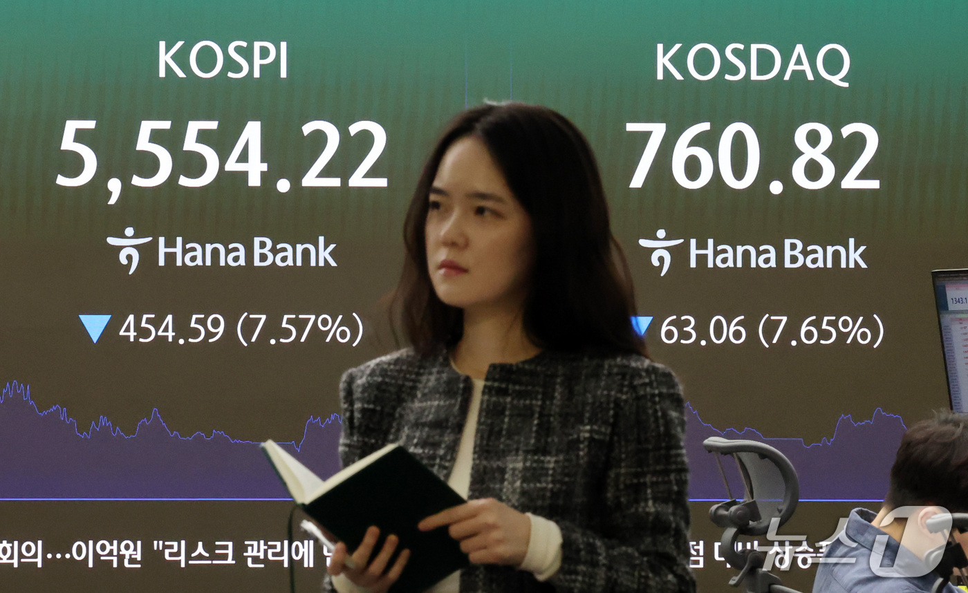 (서울=뉴스1) 박세연 기자 = 15일 오후 서울 중구 하나은행 본점 딜링룸 전광판에 코스피 시황이 표시되고 있다.이날 코스피지수는 전일 대비 454.59포인트(7.57%) 하락한 …