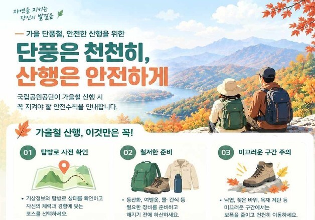 "단풍철 산행, 체력에 맞는 탐방로부터…내리막엔 무릎완충보행"
