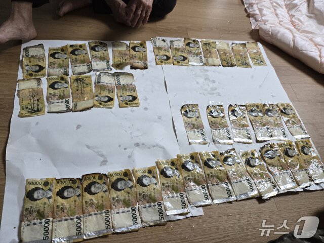 본문 이미지 - 화재 현장에서 봉화 소방서 대원들이 잔해 속에 매몰되어 있던 현금 195만원을 찾아 소유자에게 전달했다. (봉화소방서 제공.재판매 및 DB 금지)2026.10.16/뉴스1