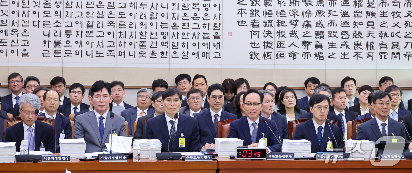 (서울=뉴스1) 신웅수 기자 = 김대웅 서울고등법원장이 16일 서울 여의도 국회에서 열린 법제사법위원회의 서울고등법원 등에 대한 국정감사에서 의원 질의에 답변하고 있다. 2026. …