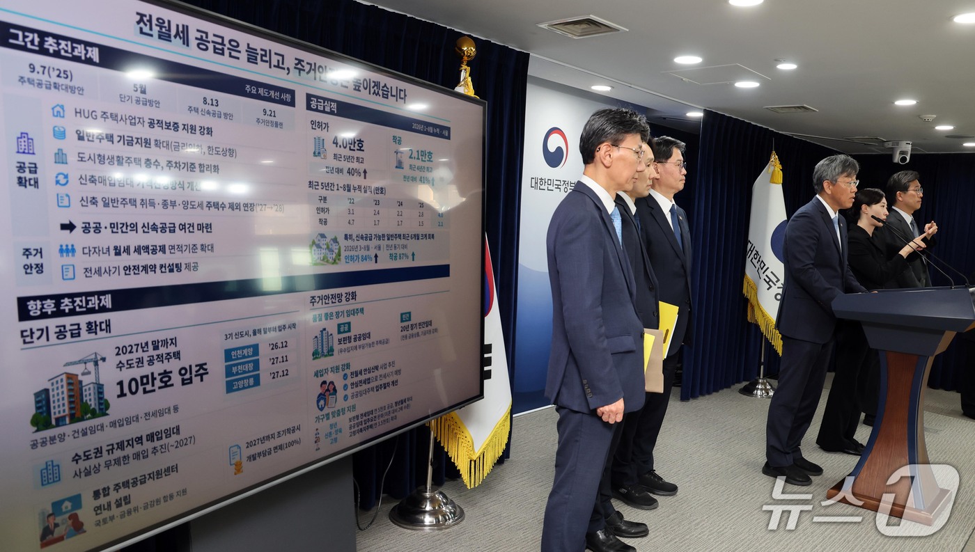 (서울=뉴스1) 이종덕 기자 = 김이탁 국토부 1차관과 김용수 국무조정실 국무2차장 등이 16일 서울 종로구 정부서울청사에서 제1차 주택 공급 정례브리핑을 하고 있다. 정부는 주택 …