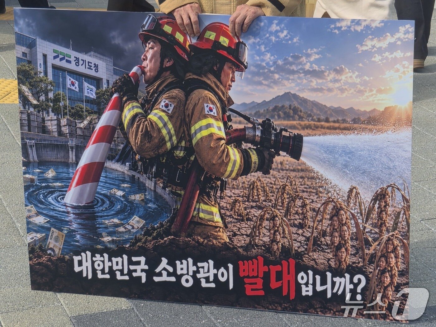 본문 이미지 - 소방관 출신인 윤성근 전 경기도의원이 16일 경기도청 앞에서 추미애 경기도지사 '소방 재정 빨대' 발언을 규탄하는 1인 시위를 벌이고 있다. 2026.10.16/뉴스1 ⓒ 뉴스1 김기현 기자 
