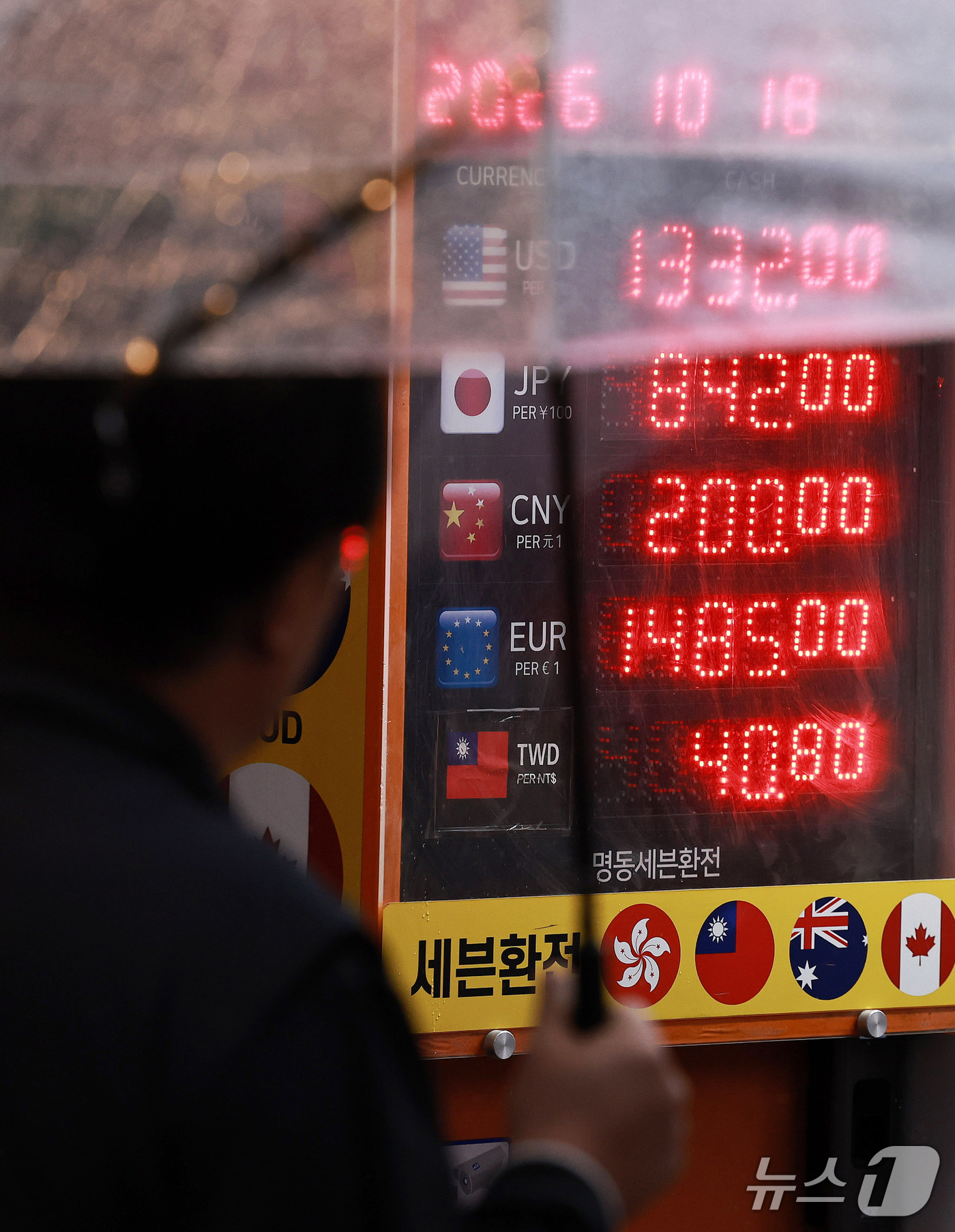 (서울=뉴스1) 구윤성 기자 = 18일 서울 중구 명동의 환전소에 외환 시세가 표시돼 있다.한국은행 경제통계시스템에 따르면, 이달 들어 12거래일간 원·달러 평균 환율은 1,342 …