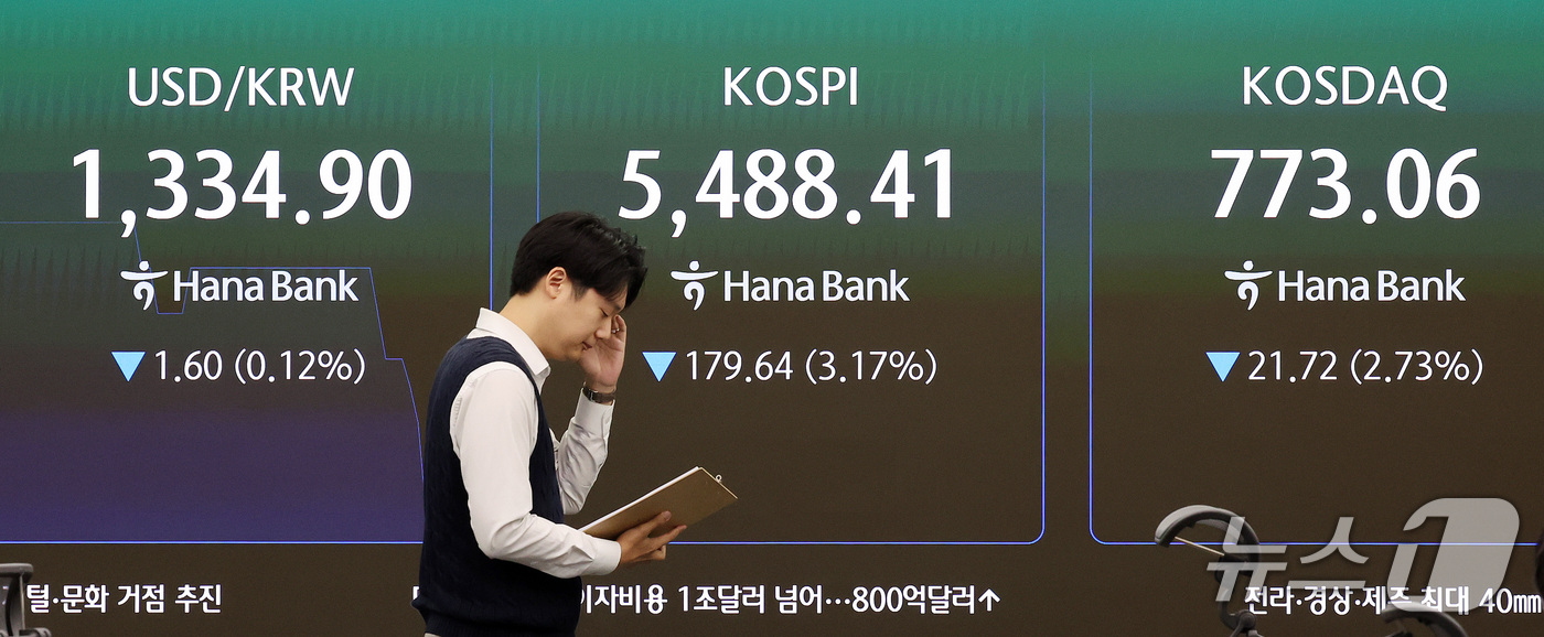 (서울=뉴스1) 박지혜 기자 = 국내 증시가 하락 출발한 19일 오전 서울 중구 하나은행 딜링룸 전광판에 장 초반 코스피 지수 등 시황이 표시되고 있다.이날 코스피지수는 전장 대비 …