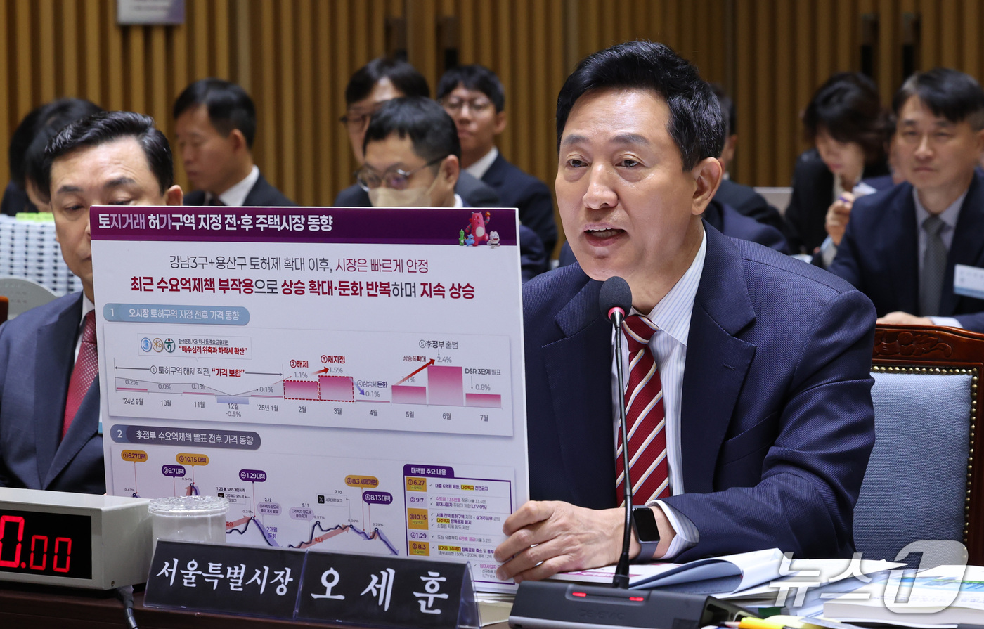 (서울=뉴스1) 박지혜 기자 = 오세훈 서울시장이 19일 서울 중구 서울시청에서 열린 국회 국토교통위원회의 서울시 국정감사에서 의원 질의에 답변하고 있다. 2026.10.19/뉴스 …