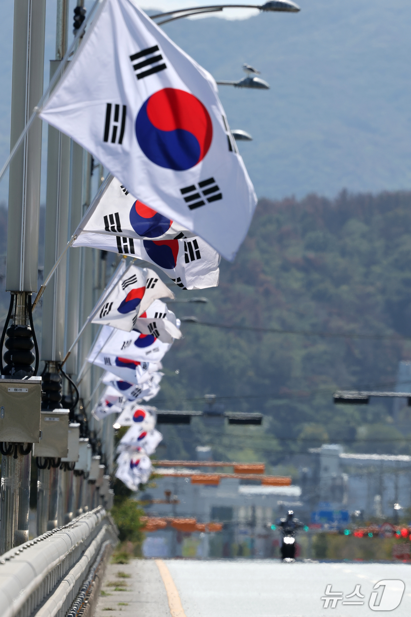 (포항=뉴스1) 최창호 기자 = 2일 경북 포항시가 국군의 날, 개천절, 한글날 등 국경일을 기념하기 위해 남구 연일대교 위에 게양해 놓은 태극기가 펄럭이고 있다. 2026.10. …