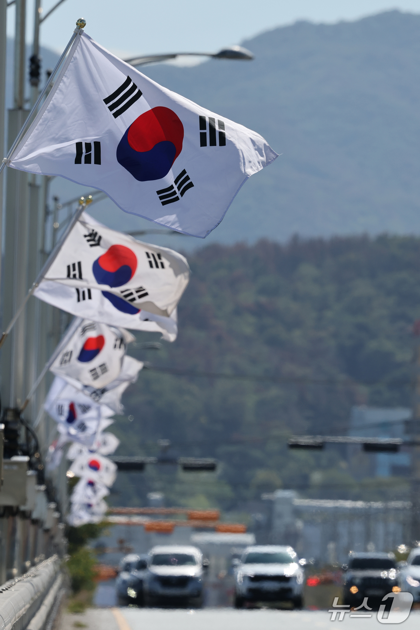 (포항=뉴스1) 최창호 기자 = 2일 경북 포항시가 국군의 날, 개천절, 한글날 등 국경일을 기념하기 위해 남구 연일대교 위에 게양해 놓은 태극기가 펄럭이고 있다.  2026.10 …