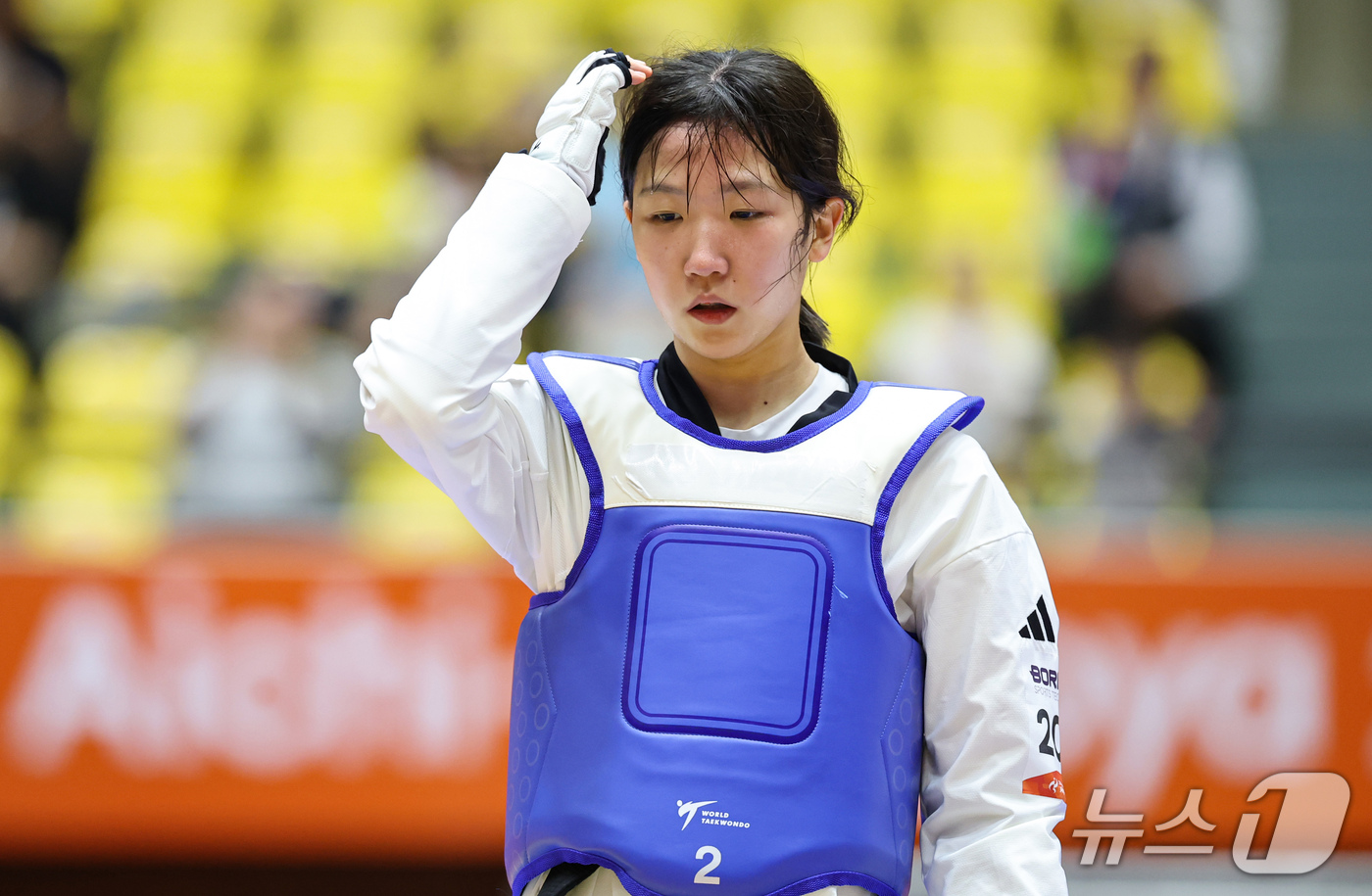 (도요하시=뉴스1) 김도우 기자 = 대한민국 이유민이 2일 일본 도요하시 체육관에서 열린 2026 아이치·나고야 아시안게임 태권도 겨루기 여자 -49kg급 8강에서 중국 마징유에에 …