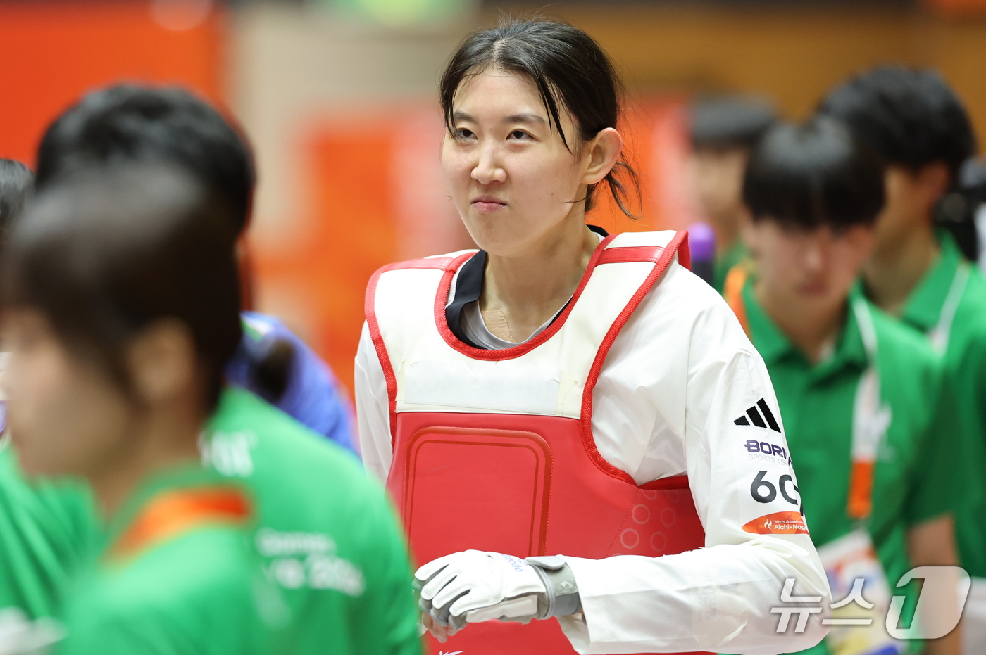 (도요하시=뉴스1) 김도우 기자 = 대한민국 곽민주가 2일 일본 도요하시 체육관에서 열린 2026 아이치·나고야 아시안게임 태권도 겨루기 여자-67kg급 우즈베키스탄 오조다 소비르 …