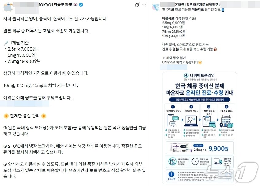 본문 이미지 - '한국분 환영', '내원 없이 진료 가능' 등 문구와 함께 한국어로 마운자로 처방을 홍보 중인 일본 병원 홍보 계정. (사회관계망서비스 갈무리)