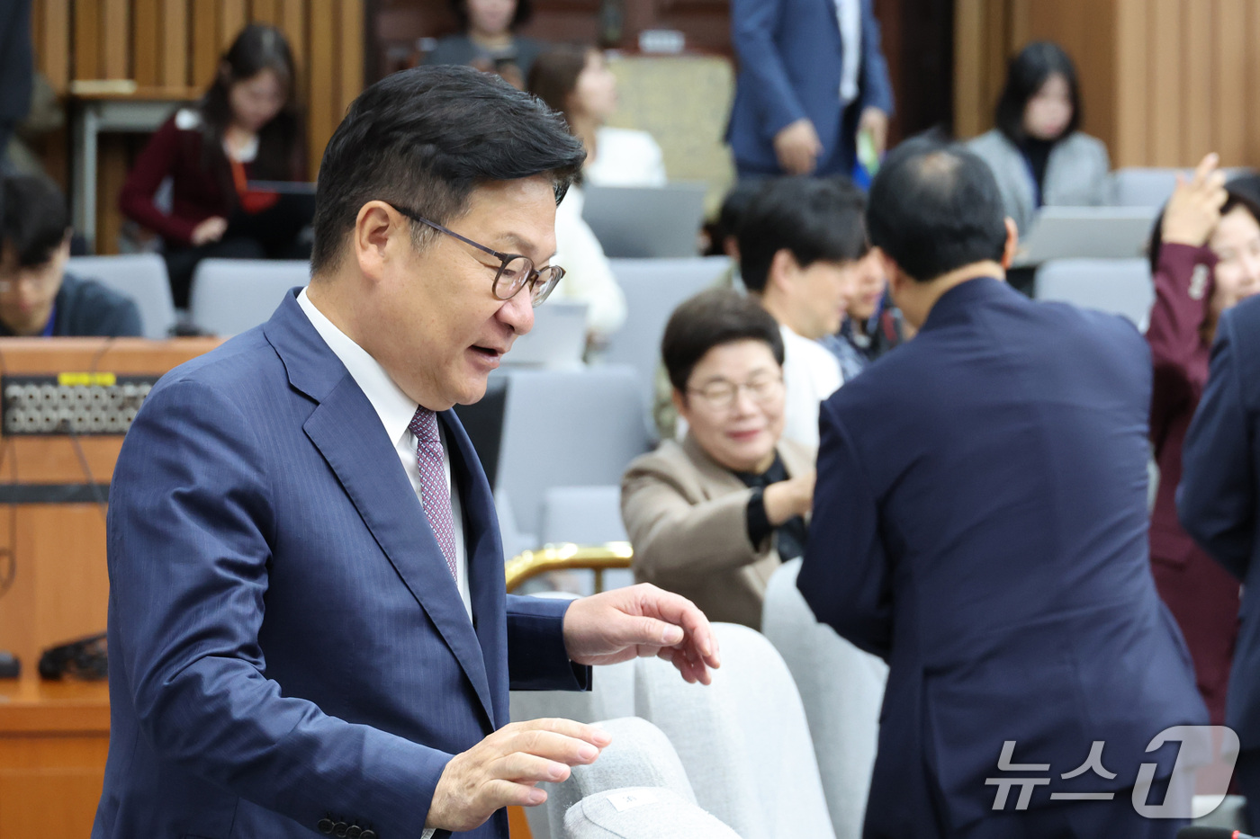 (서울=뉴스1) 신웅수 기자 = 정점식 국민의힘 원내대표가 20일 서울 여의도 국회에서 열린 국정감사 대책회의에 참석하고 있다. 2026.10.20/뉴스1