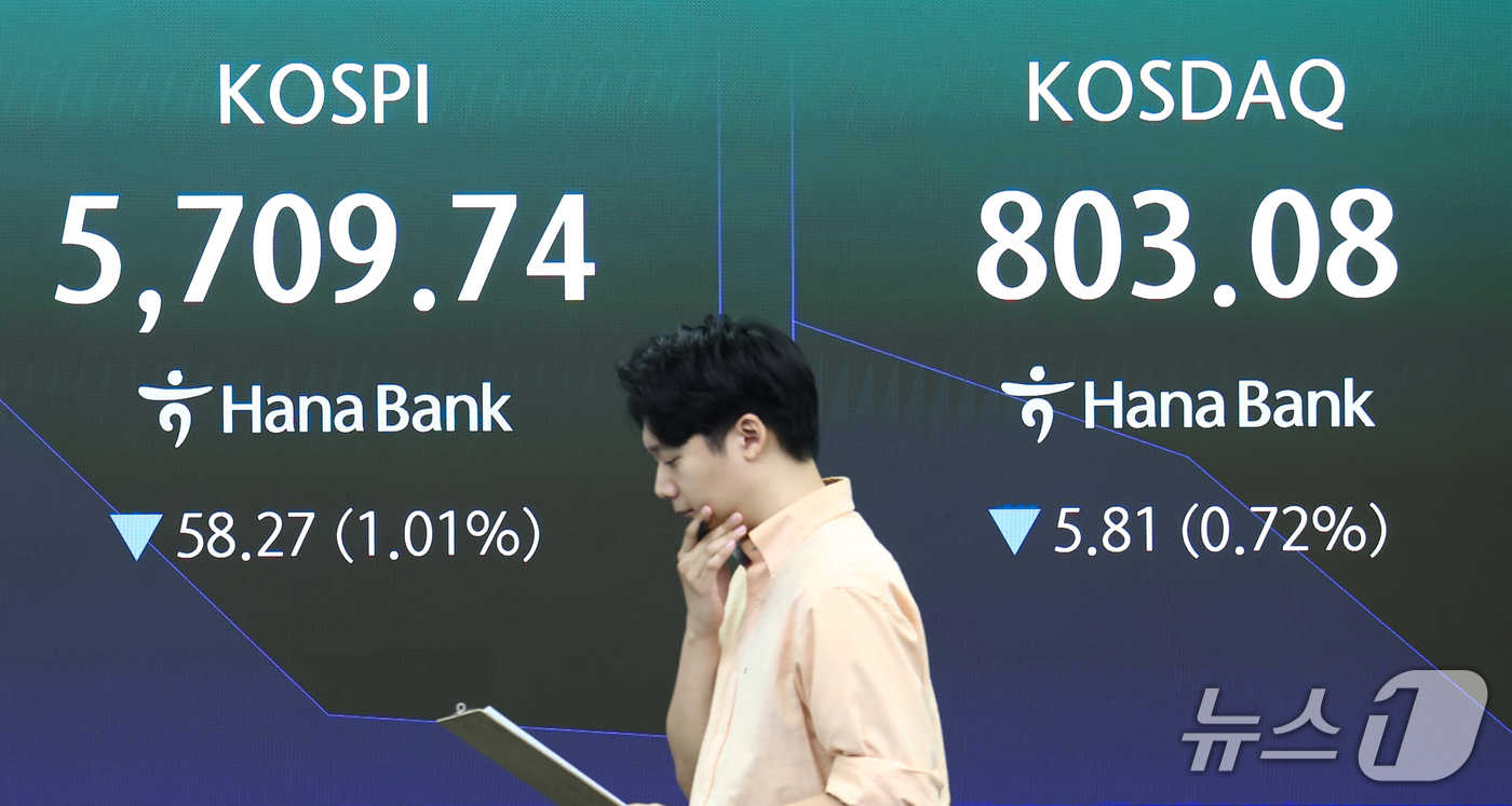 (서울=뉴스1) 김민지 기자 = 코스피가 전 거래일 대비 0.60% 내린 5733.57에 개장한 20일 오전 서울 중구 하나은행 딜링룸 전광판에 코스피, 코스닥 지수가 나오고 있다 …