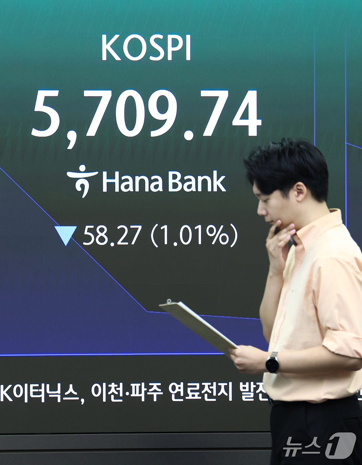 (서울=뉴스1) 김민지 기자 = 코스피가 전 거래일 대비 0.60% 내린 5733.57에 개장한 20일 오전 서울 중구 하나은행 딜링룸 전광판에 코스피 지수가 나오고 있다.이날 코 …