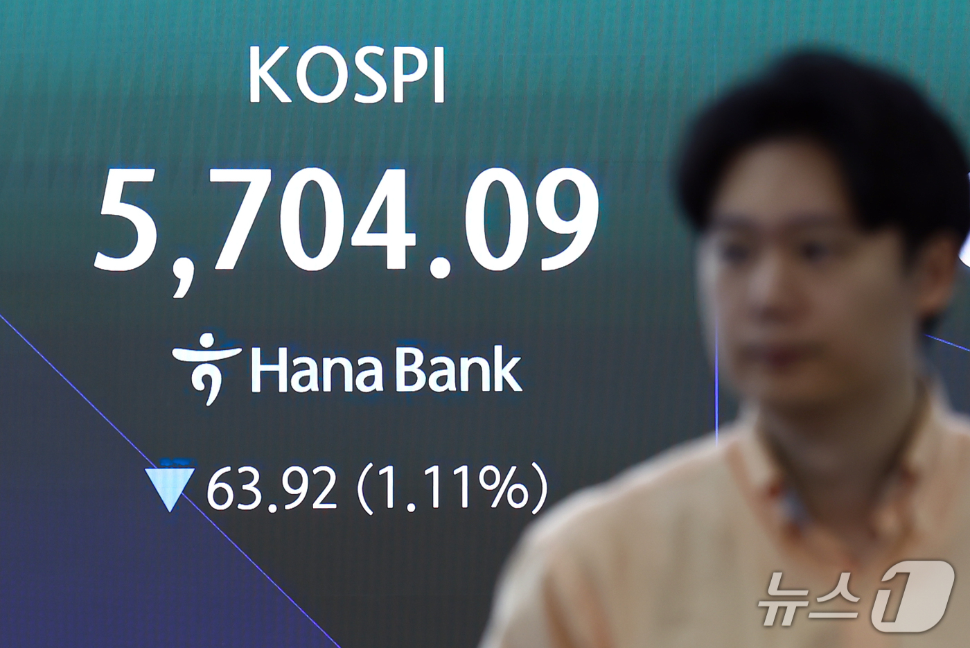 (서울=뉴스1) 김민지 기자 = 코스피가 전 거래일 대비 0.60% 내린 5733.57에 개장한 20일 오전 서울 중구 하나은행 딜링룸 전광판에 코스피 지수가 나오고 있다.이날 코 …