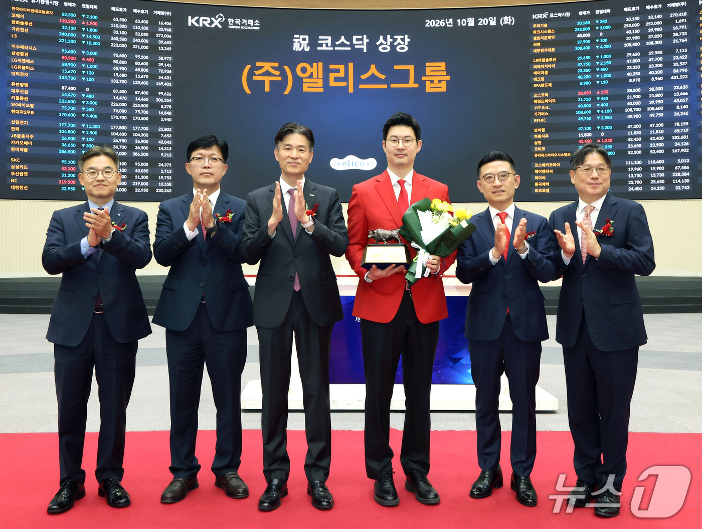 (서울=뉴스1) = 20일 오전 서울 영등포구 한국거래소에서 열린 엘리스그룹 코스닥시장 상장기념식에서 상장기념패 전달 후 박종식 한국IR협의회 부회장(왼쪽부터), 안승근 코스닥협회 …