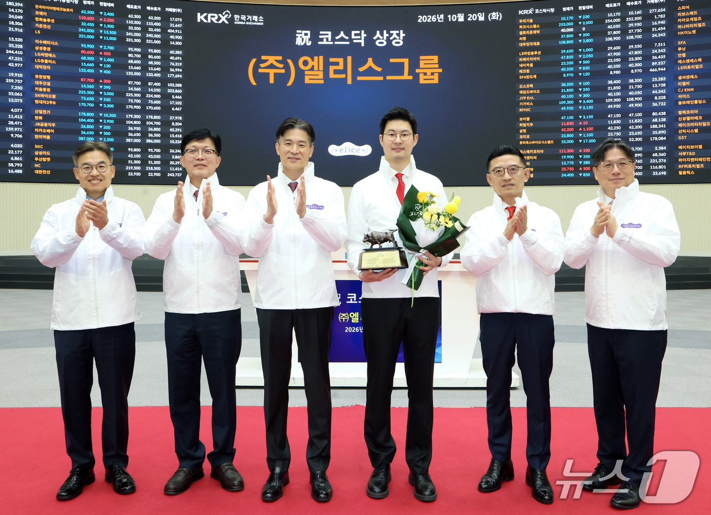 (서울=뉴스1) = 20일 오전 서울 영등포구 한국거래소에서 열린 엘리스그룹 코스닥시장 상장기념식에서 상장기념패 전달 후 박종식 한국IR협의회 부회장(왼쪽부터), 안승근 코스닥협회 …