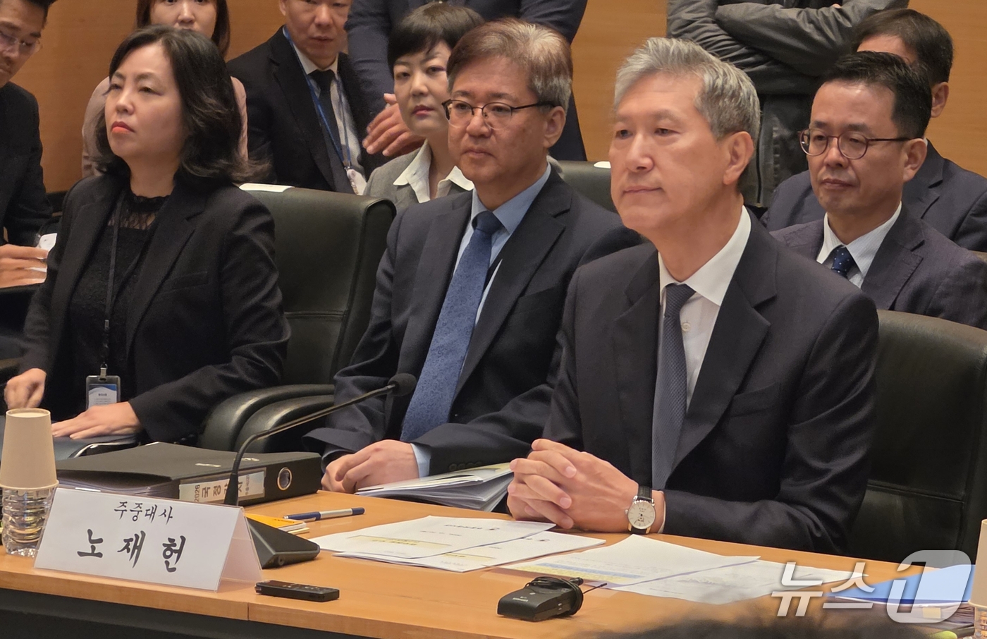 (베이징=뉴스1) 노민호 특파원 = 노재헌 주중한국대사가 20일 중국 베이징 주중한국대사관에서 열린 국회 외교통일위원회 국정감사에 참석해 있다. 2026.10.20/뉴스1
