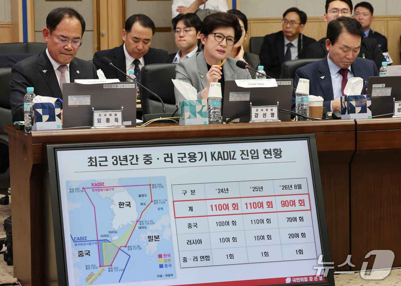(계룡=뉴스1) 김기태 기자 = 강선영 국민의힘 의원이 20일 충남 계룡대에서 열린 국회 국방위원회의 공군본부에 대한 국정감사에서 질의하고 있다. 2026.10.20/뉴스1