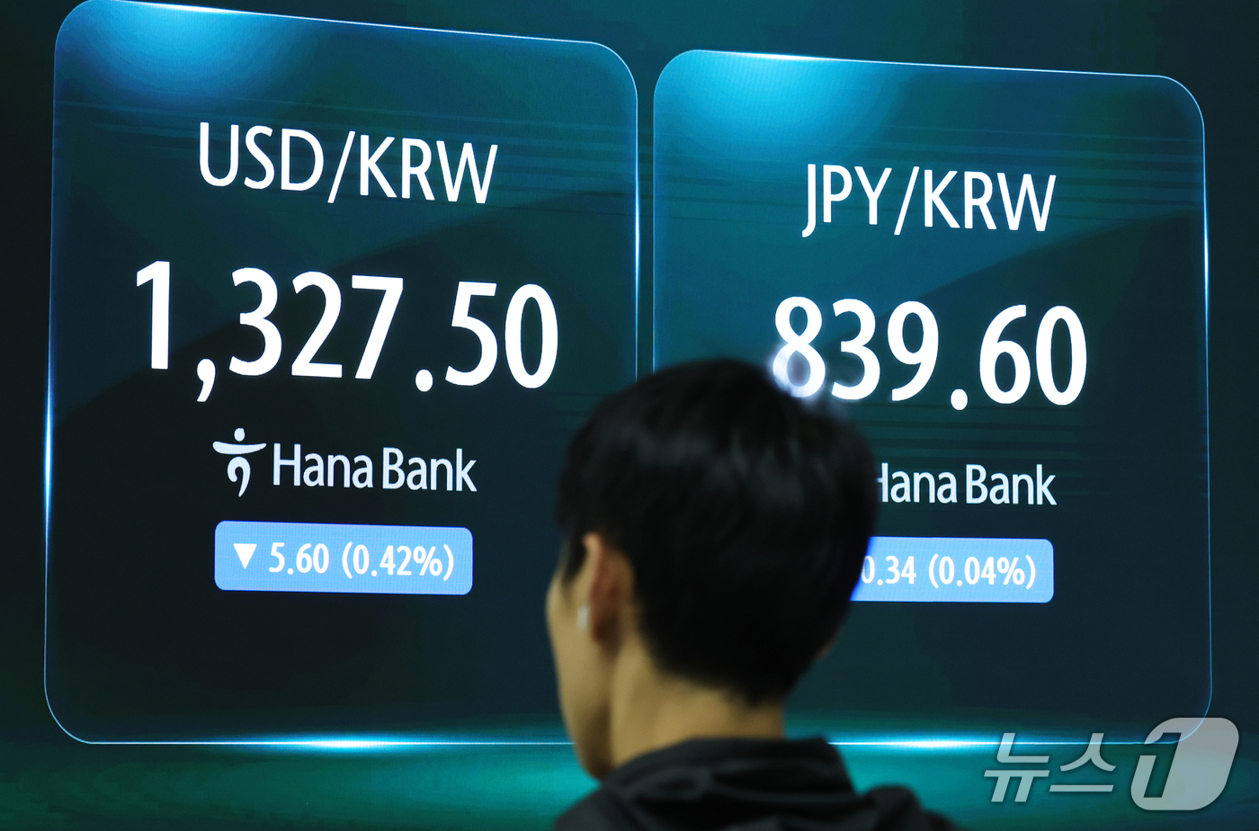 (서울=뉴스1) 오대일 기자 = 20일 오후 서울 중구 하나은행 본점 딜링룸 전광판에 원·달러, 원·엔 환율이 표시되고 있다. 이날 원·달러 환율이 장중 1,320원대 중반까지 내 …