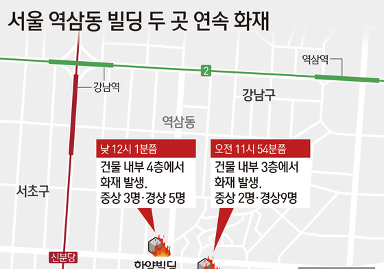[그래픽] 서울 역삼동 빌딩 화재 사건 재구성