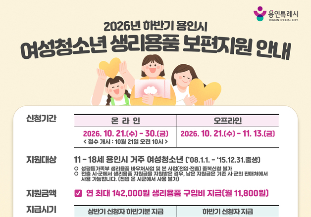 용인시, 만 11~18세 모든 여성청소년 생리용품 구입비 지원