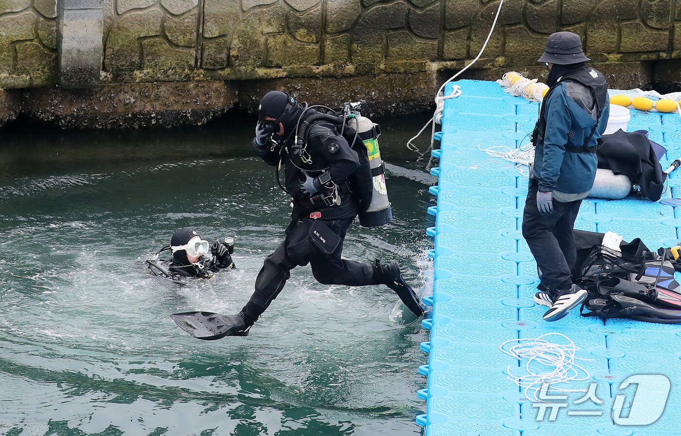 본문 이미지 - 21일 부산 동구 북항 친수공원 인공수로에서 한 달 넘게 머무르고 있는 상어 '부캉이'를 바다로 돌려보내기 위한 3차 외해 유도 작업이 진행되고 있는 가운데 잠수사들이 바다 속으로 뛰어들고 있다. 2026.10.21 ⓒ 뉴스1 윤일지 기자