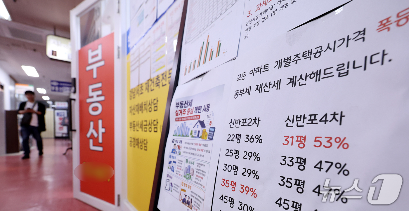 (서울=뉴스1) 박지혜 기자 = 올해 서울 아파트 재산세 부과액이 사상 처음으로 3조원을 넘어섰다. 21일 서울 서초구의 한 부동산중개업소에 '재산세 계산해 드립니다'라는 문구가 …